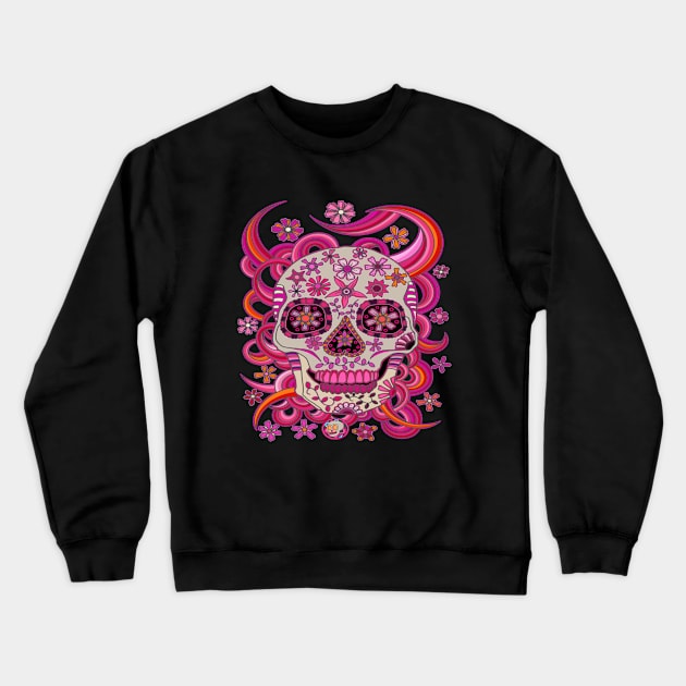 Sugar Skull Pink Flowers - Dia De Los Muertos - Pink Skull Crewneck Sweatshirt by Scriptnbones